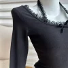 t shirt à manches longues et col licou pour femme, haut court et slim irrégulier, chemise de base, automne et hiver