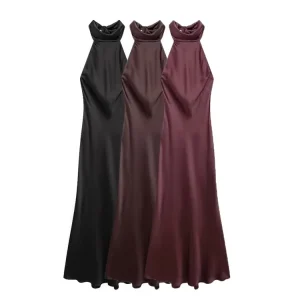 Robe longue en Satin pour femmes, dos nu, nouée avec nœud, fermeture éclair au dos, robes féminines, mode Sexy