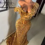 Robe de bal Aso Ebi dorée scintillante pour filles noires, épaules dénudées, avec des appliques de cristaux, robes de bal formelles à paillettes personnalisées