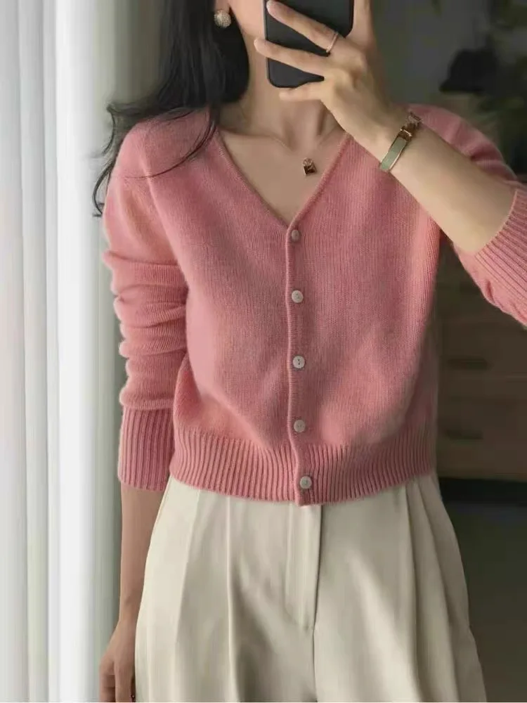 cardigan court en cachemire pur 100 pour femmes, haut à col en v d'automne, manteau tricoté élégant de style européen