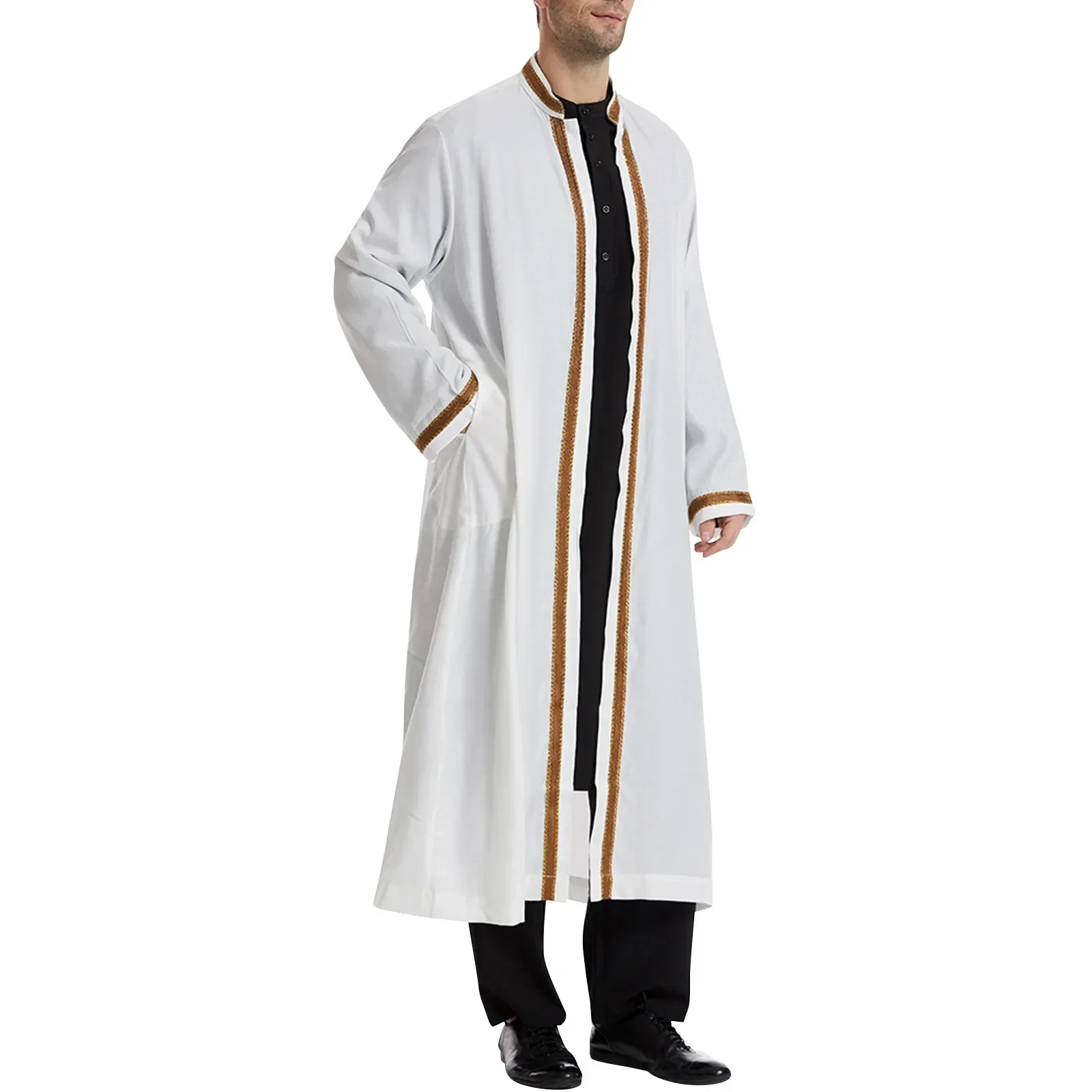 hommes ouvert abaya musulman saoudien jubba thobe vêtements islamiques ramadan kimono à manches longues robe caftan dubaï col montant robe arabe