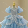 robe de princesse à fleurs scintillantes pour filles, manches bouffantes, en tulle à plusieurs niveaux, décolleté en perles, robe formelle de concours de fête de mariage, personnalisée