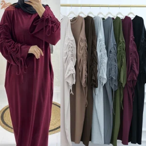 Uni nouveau Abaya 2025 islamique femmes vêtements modeste Abaya femmes robe musulmane fermé Abaya dubaï froncé cordon manches Uni nouveau Abaya 2025 islamique femmes vêtements modeste Abaya femmes robe musulmane fermé Abaya dubaï froncé cordon manches