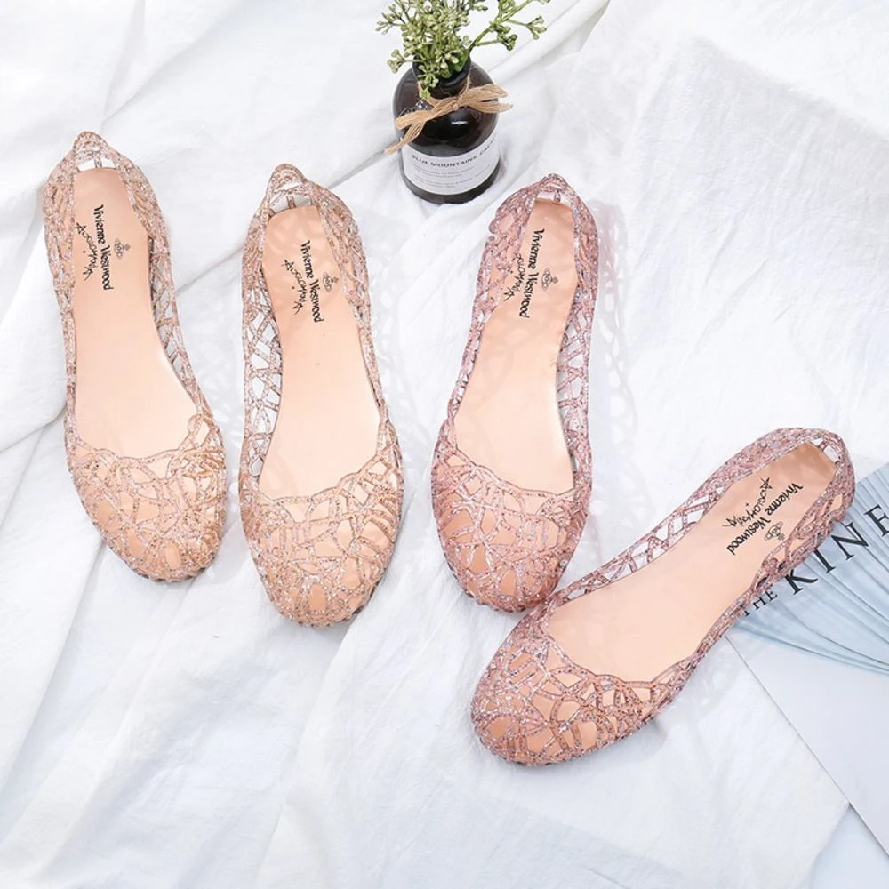 Sandales confortables à semelles plates pour femmes, chaussures de plage ajourées à bouche peu profonde, en gelée, respirantes, transparentes, scintillantes, été Sandales confortables à semelles plates pour femmes, chaussures de plage ajourées à bouche peu profonde, en gelée, respirantes, transparentes, scintillantes, été