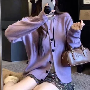 Cardigan tricoté pour femmes en automne, veste pull ample et douce avec boutons d&rsquo;amour, tendance