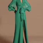 Robe de soirée trapèze élégante, manches longues, col en V, en mousseline de soie, longueur au sol, robe de bal, ceinture fendue haute, personnalisée gratuitement, 2025