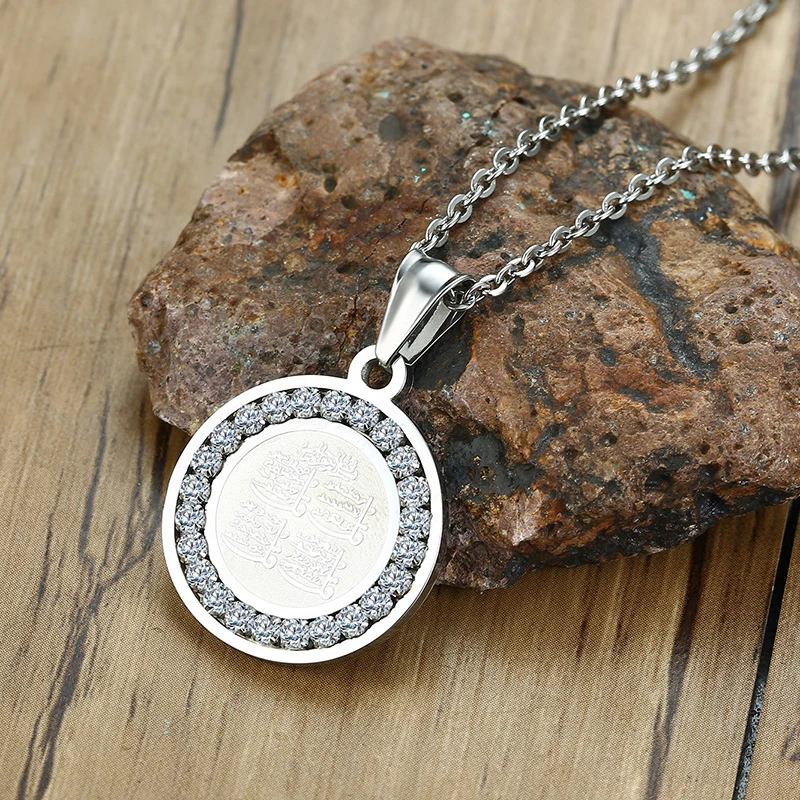 collier avec pendentif en pierre cz pour homme musulman, 4 qul, hajj, umrah, islamique, couleur argent