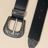 ceinture en cuir noir à boucle florale argentée vintage pour femme, style bohème unisexe, parfaite pour l'appariement de jeans, printemps, été
