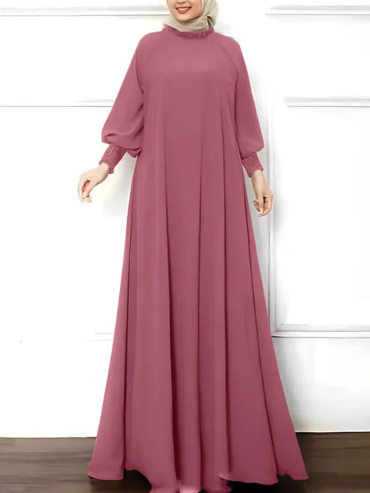 zanzea islamique hijab élégant robes mode musulmane froncé manchette femmes à manches longues maxi robe solide à volants col rond abaya robes