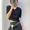 pull en soie glacée épissé à paillettes, t shirt à manches courtes pour femmes, haut d'été à la mode