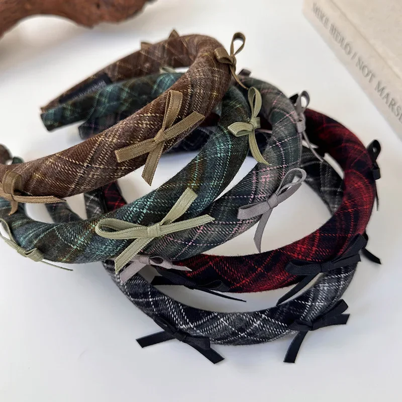 Bandes de sauna à nœud à carreaux de style preppy pour femmes et filles, cerceau de cheveux de tempérament, bande de cheveux colorée, accessoires de cheveux rétro féminins, mode