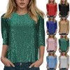 paillettes perles paillettes t shirts pour femmes brillant col rond couleur unie club hauts de fête mode à manches longues 3/4 manches blouse