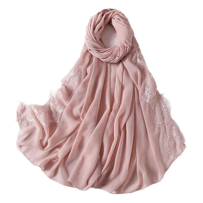 70*175cm perle mousseline de soie foulard mode nouvelle dentelle cils dentelle décoration femmes musulmanes foulard turbans pour femmes hijab
