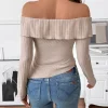 haut en tricot côtelé beige pour femme, épaules dénudées, manches longues, ourlet asymétrique, élégant pour fête et styles décontractés, pull, vêtements y2k