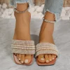 sandales à fond plat pour femmes, chaussures d'été à strass perlés, nouveau style, pantoufles d'extérieur à la mode, 2025