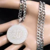 collier hip hop en acier inoxydable pour homme et femme, bijou musulman islamique, avec dieu arabe, document argenté, rond, pour la raq, n2933s03
