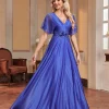 robe de soirée formelle élégante, col en v, manches courtes, avec des appliques, robes longues pour femmes, 2025