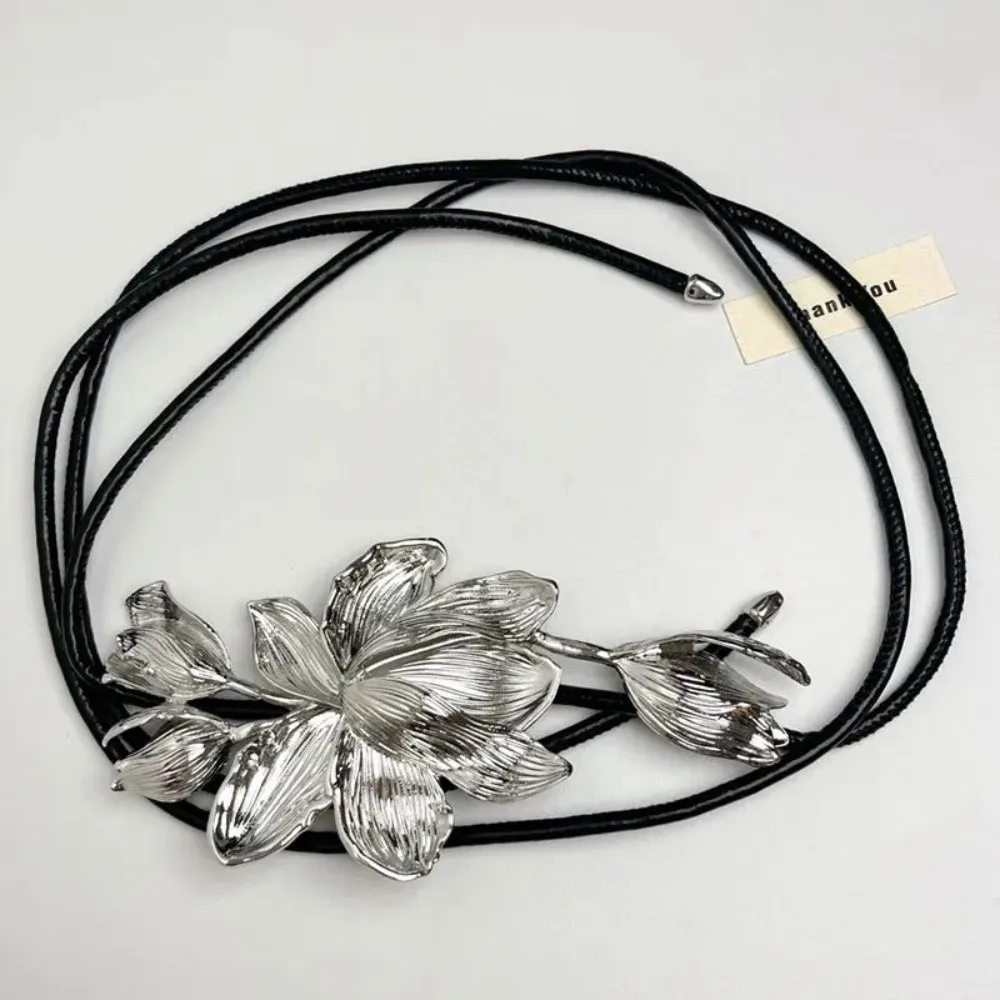 Ceinture tulipe dorée polyvalente et réglable pour femmes, Vintage, PU, métal, fleur, chaîne de taille, alliage, ceinture exagérée