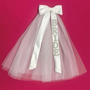 Voile de mariée en perles, voile courbé pour enterrement de vie de jeune fille, avec nœud blanc, en Tulle, cadeau de fête prénuptiale