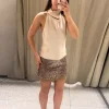 mini jupe moulante doublée de maille à paillettes taupe, tendance pour femmes, mode scintillante, chic, polyvalente, fête, bas quotidien, automne 2025