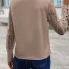 haut en tricot gaufré beige pour femme, panneaux en dentelle, manches florales, poignets à boutons, col rond, décontracté, chic, mode de rue, usage quotidien