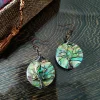 boucles d'oreilles pendantes rondes élégantes pour femmes, arbre de vie, argent, fil rond, coquille d'ormeau, bijoux cadeaux, 1 paire