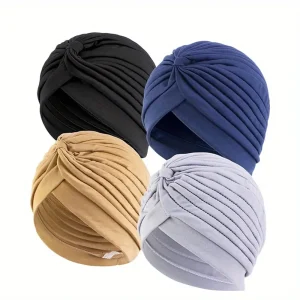 4 pièces/ensemble couleur unie Turban casquette élastique Bonnet foulard femmes chimio chapeaux décontracté plissé tête enveloppement
