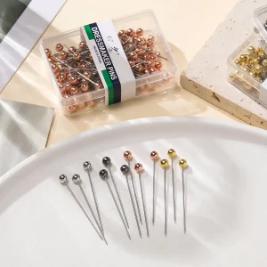 Aiguilles à tête de perle ronde en acier inoxydable, 100 pièces/boîte, épingles à coudre droites pour la couture, bricolage, outil de couture, positionnement
