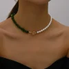 collier ras du cou en pierre pour femmes, bijoux tendance élégants, grande perle de mariage, mode imitation perle, couleur rose verte, 2023