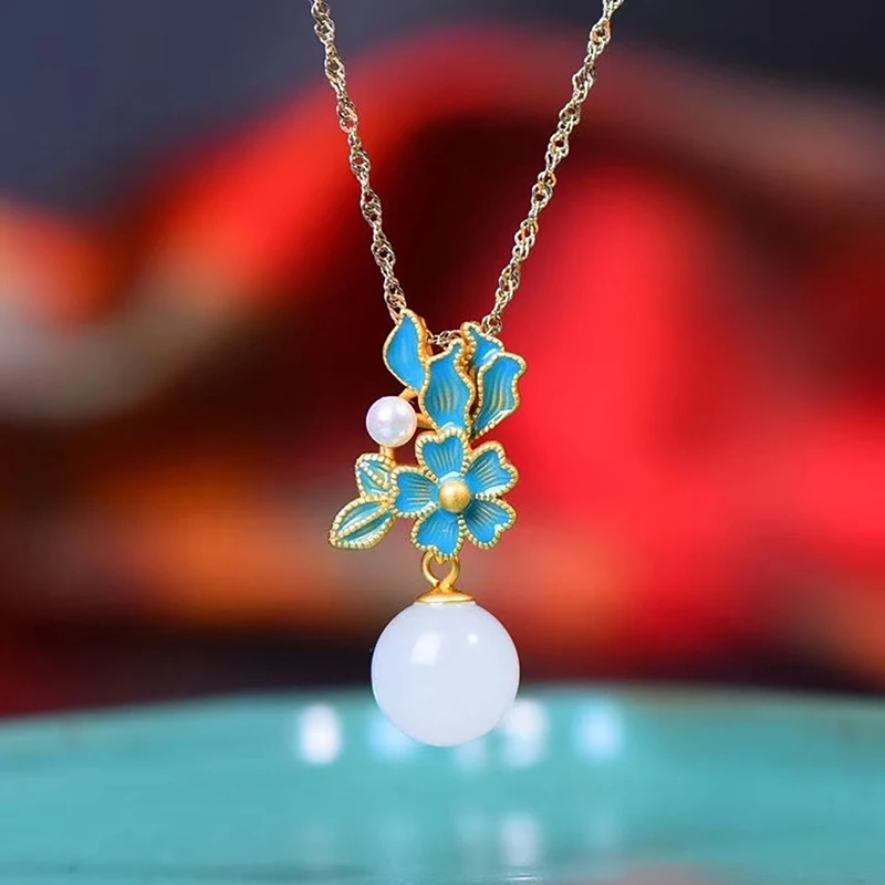 collier et boucles d'oreilles en porcelaine hétian incrustée de perles de jade blanc, fleur d'émail, style palais, bijoux élégants pour dames, nouvelle collection