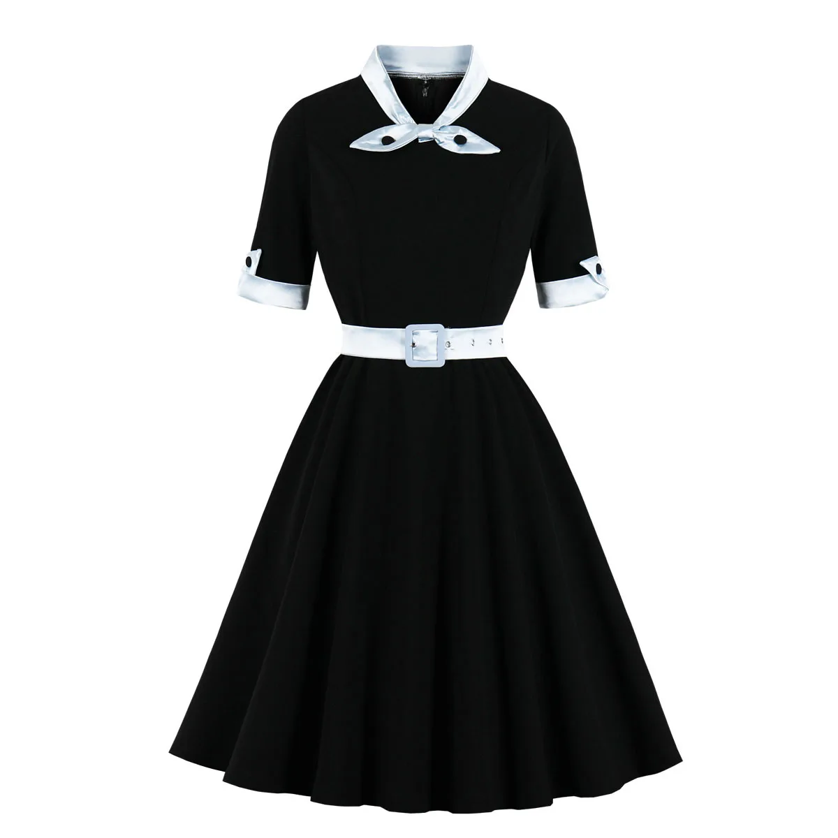 Robe mi-longue trapèze élégante, col à nœud, manches courtes, ceinture de taille, bloc de couleur plissé, tenue de bureau pour femme, Style Vintage, nouveau
