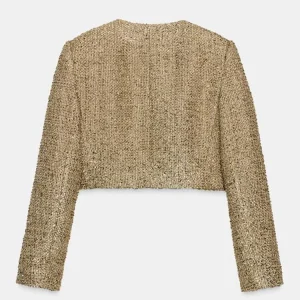 Manteau à fil brillant pour femmes, vestes courtes à points ouverts, Streetwear, col rond, manches longues, hauts décontractés, vêtements d&rsquo;extérieur Slim, printemps
