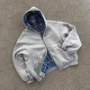 gris décontracté printemps surdimensionné réversible sweats à capuche femmes hommes streetwear vêtements à capuche avec doublure à carreaux sweat haut