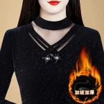 Chemise à bascule en dentelle pour femmes, Style automne et hiver, haut en maille épais à manches longues et col mi-haut