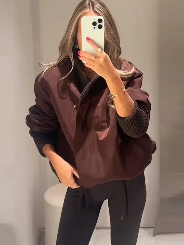 Veste portefeuille marron tendance pour femmes, col tricoté solide et poignets, cordon de serrage à la taille, haut confortable et décontracté, nouvelle collection 20225, Chic, Streetwear