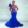 Aso Ebi bleu Royal robes de soirée manches longues Applique Illusion robe de bal sirène célébrité robes de soirée pour africain
