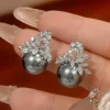 bijoux élégants en perles grises, collier et boucles d'oreilles au design de feuilles avec zircon cz scintillant, accessoires de mode pour femmes, usage quotidien de fête