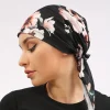 hijab musulman pour femme, écharpe de tête pour la perte de cheveux, chapeau de chimio, turban à fleurs noires, bandana rond pré noué, vêtements de sauna