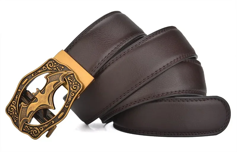 Ceinture à boucle automatique Vintage chauve-souris argent or pour hommes en cuir véritable grande taille grand 130 140 150 160 170cm marron noir ceintures 2024
