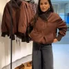 veste portefeuille marron tendance pour femmes, col tricoté solide et poignets, cordon de serrage à la taille, haut confortable et décontracté, nouvelle collection 20225, chic, streetwear