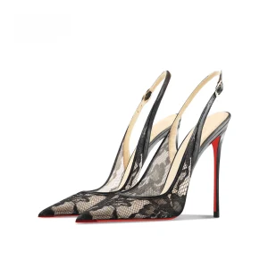 Sandales à talons hauts en dentelle noire à bout pointu, talons fins et bouche peu profonde, confortables à porter avec juste un pied