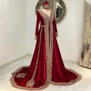 Caftan marocain rouge Caftan robes de soirée musulmanes a-ligne manches longues Appliques dubaï arabe Abaya robe islamique personnalisée Caftan marocain rouge Caftan robes de soirée musulmanes a-ligne manches longues Appliques dubaï arabe Abaya robe islamique personnalisée