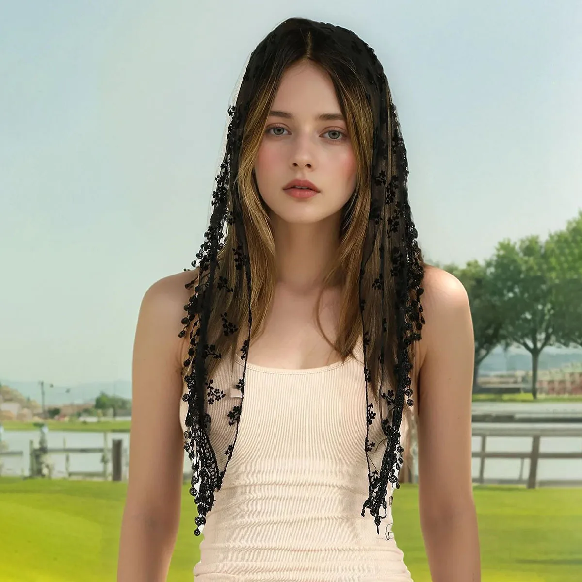 Écharpe triangulaire multifonctionnelle pour femmes, hijab, maille de mariée, dentelle, petit voile, robe de mariée, vêtements assortis, nouvelle collection 2025