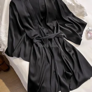 Femmes couleur unie Robe Satin mariée mariage Kimono peignoir Robe courte vêtements de nuit femme rayonne vêtements de détente Lingerie intime