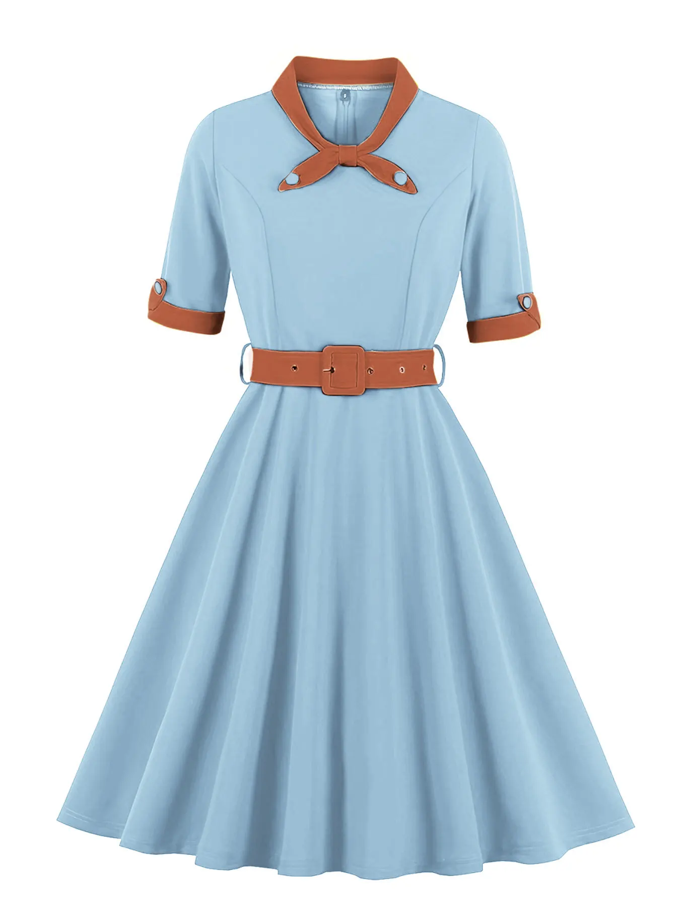 Robe mi-longue trapèze élégante, col à nœud, manches courtes, ceinture de taille, bloc de couleur plissé, tenue de bureau pour femme, Style Vintage, nouveau