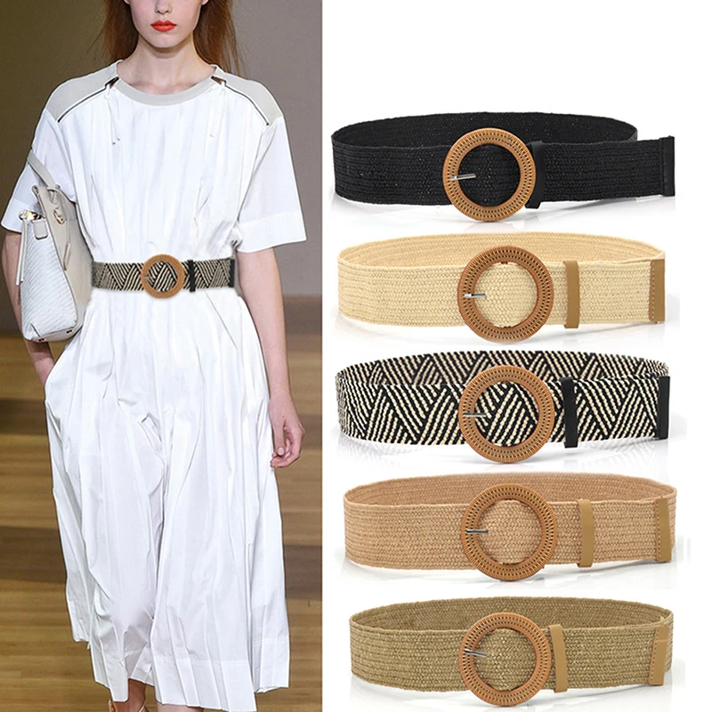 Ceinture élastique tressée en plastique pour femmes, ronde, vintage, bohème, paille, décorative, robe, été
