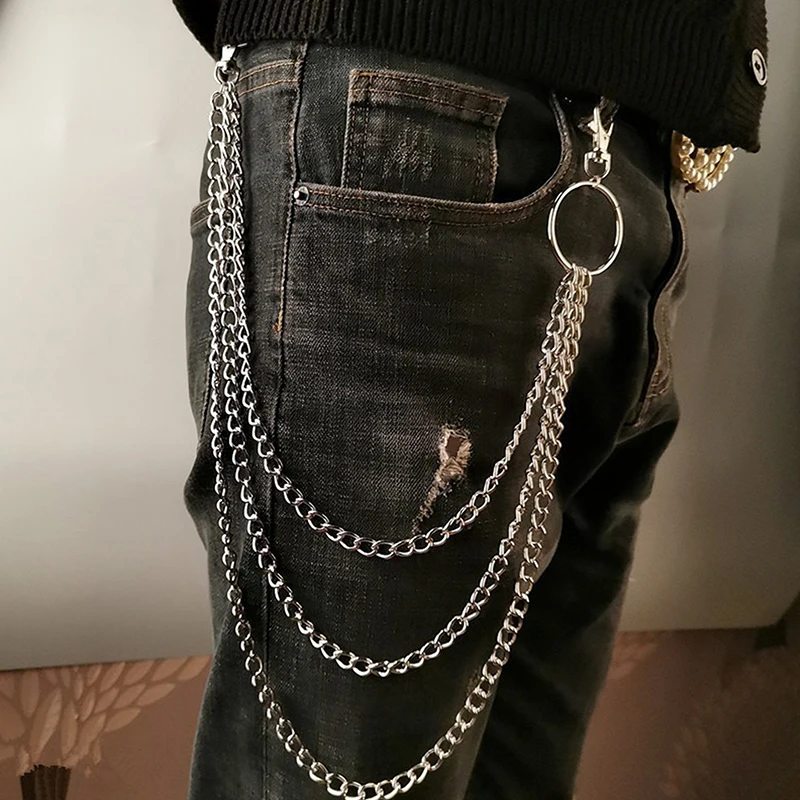 chaîne de ceinture longue en métal punk hip hop, 2/3 couches, mode pantalon multicouche, chaîne de taille, porte clés pour hommes et femmes, accessoire de rue