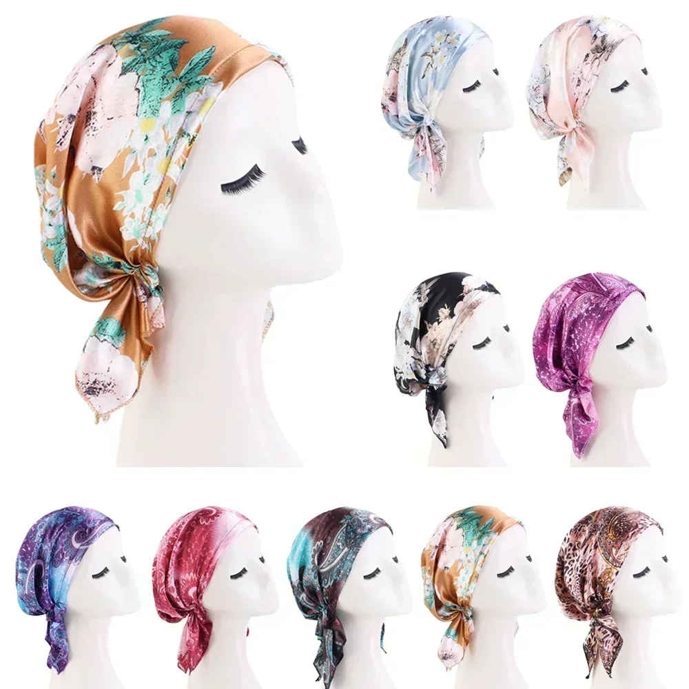 Satin musulman femmes imprimé pré-attaché foulard élastique femme Turban Cancer chimio chapeau perte de cheveux sommeil casquettes couverture bandeau Bandana Satin musulman femmes imprimé pré-attaché foulard élastique femme Turban Cancer chimio chapeau perte de cheveux sommeil casquettes couverture bandeau Bandana