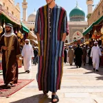 Nouveaux hommes Islam Qamis Robes rayées musulmanes à manches longues boutonné caftan arabe costume moyen-orient dubaï Abaya été homme vêtements