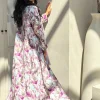 abaya + hajib imprimé floral du moyen orient, 2 pièces pour femmes musulmanes, abayas ouvert sur le devant, caftans à manches longues, robes maxi islamiques jilbabs